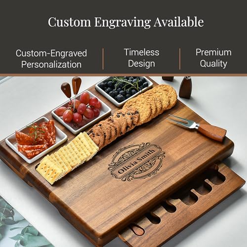Large Acacia Wood Charcuterie Board Set with 3 Removable Ceramic Bowls & Serving Utensils