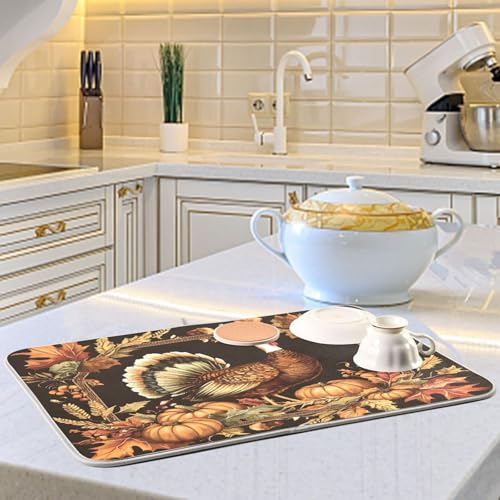 Thanksgiving Turkey Pumpkin Dish Drying Mat for Kitchen Counter Absorbent Microfiber Drying Pad