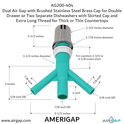 Dual Air Gap with Brushed Stainless Steel Brass Cap for Double Drawer or Two Separate Dishwashers with Skirted Cap and Extra Long Thread for Thick or Thin Countertops