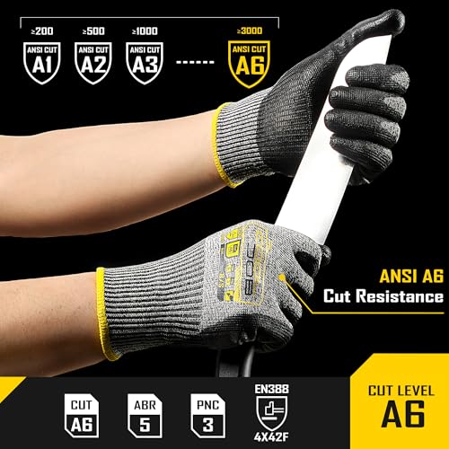 12 Pairs A6 PU Cut Resistant Safety Work Gloves with Grip (12 Count)