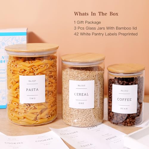 3 Pcs Glass Canisters with Airtight Bamboo Lids and 42 Kitchen Pantry Labels Preprinted