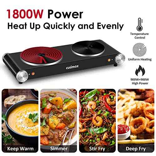 Hot Plate for Cooking 1800W Portable Electric Double Burner Countertop Cooktop Cast Iron Stove Heating Plate with 7 Power Levels Adjustable Temp Control