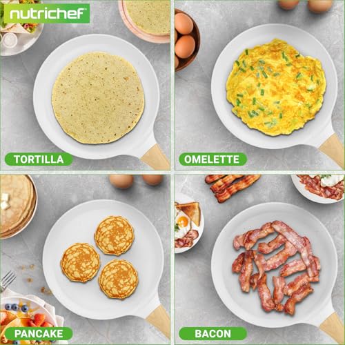 2-Pack Non-Stick Crepe Pan Set, 9.4" Marble Coated Dosa Pans with Wooden Spreaders, Bakelite and Wood Handles, Induction-Compatible, Dishwasher Safe, Even Heat Distribution, White Cream (2 Count)