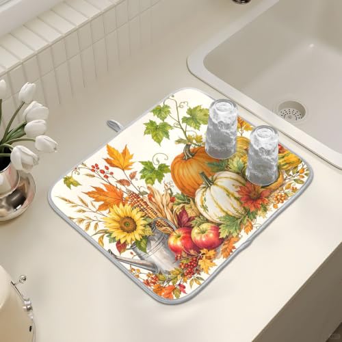 Autumn Fall Harvest Pumpkins Dish Drying Mat for Kitchen Counter Absorbent Microfiber Small Drying Pad Dish mats for Kitchen Countertops 16 x 18 Inch