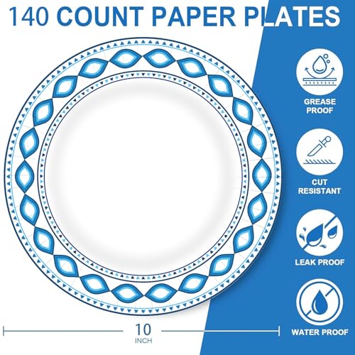 140 Pack 10 Inch Disposable Heavy Duty Blue Printed Paper Plates (140 Count)