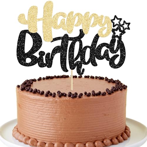 1Pcs Happy Birthday Cake Topper Glitter Cake Pick for Celebrating Anniversary Theme Party Cake Decorations Supplies Black Gold