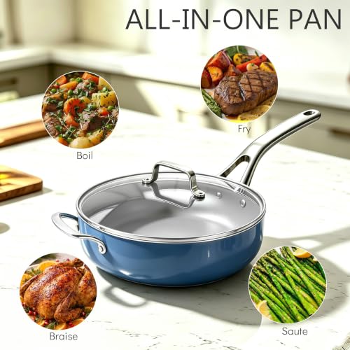 10-in-1 Blue Ceramic Nonstick Deep Saute Pan Set With Steamer & Lid, 4QT