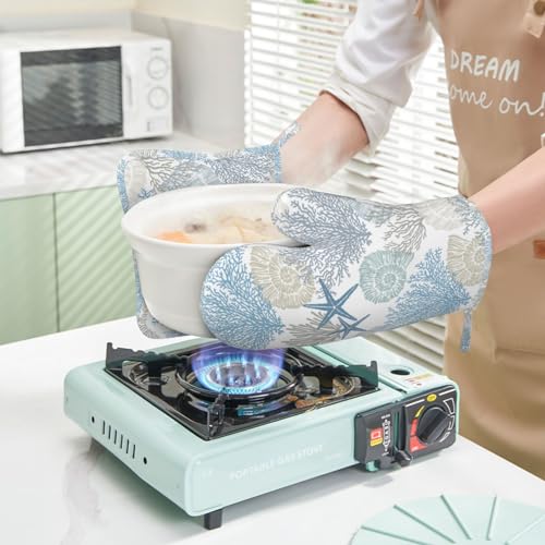 Nautical Coastal Oven Mitts and Pot Holders Sets Silicone Starfish Seashell Coral Beach Themed Kitchen Mitts Potholders Heat Resistant 4Pcs Ocean Oven Gloves Hot Pads for BBQ Grilling (4 Count)