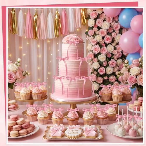 30 Pack Bow Cake Toppers Rose Pink Ribbon Bows for Cake (30 Count)