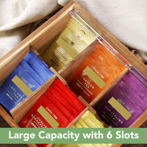 Acacia Wood Tea Bag Organizer Storage Box with 6 Compartments