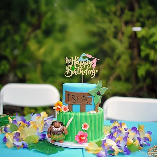 1Pcs Summer Cake Topper Glitter Tree Flower Happy Birthday Cake Pick Decoration for Tropical Hawaiian Luau Theme Baby Shower Kids Birthday Party Cake Decorations Supplies Gold