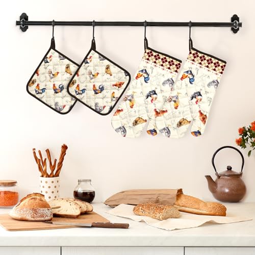 Farmhouse Rooster Oven Mitts and Pot Holders Set (4 Count)