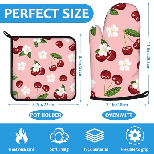 Cherry Oven Mitts and Pot Holders Sets Heat Resistant 4Pcs White Flower Potholders Oven Gloves Hot Pads for Kitchen Baking Cooking Grilling BBQ (4 Count)
