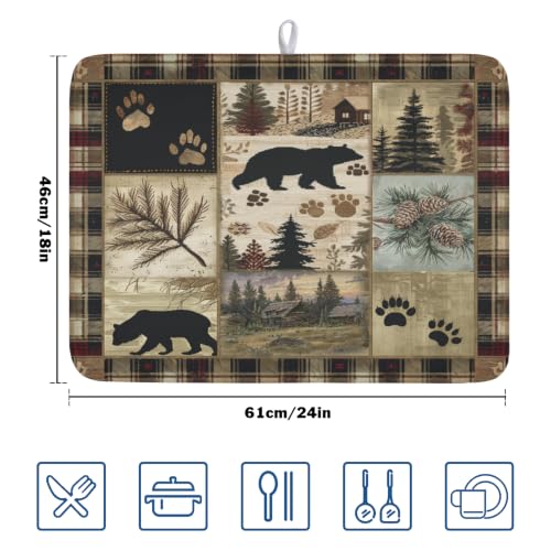 Black Bear Dish Drying Mat Forest Cabin Decorative Dishes Pad 18x24 Inch Absorbent Fast Dry Dish Drainer Rack Mats for Kitchen Counter Sink