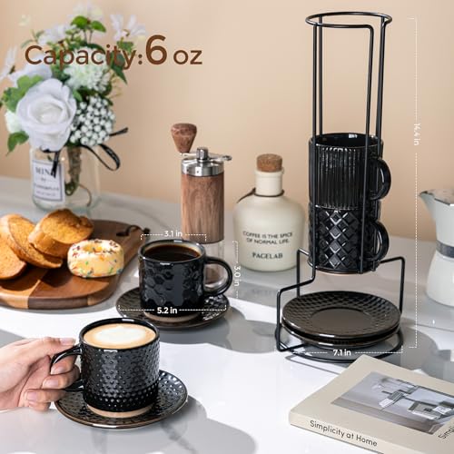 6 OZ Coffee Mugs with Saucer and Stand (4 Count)