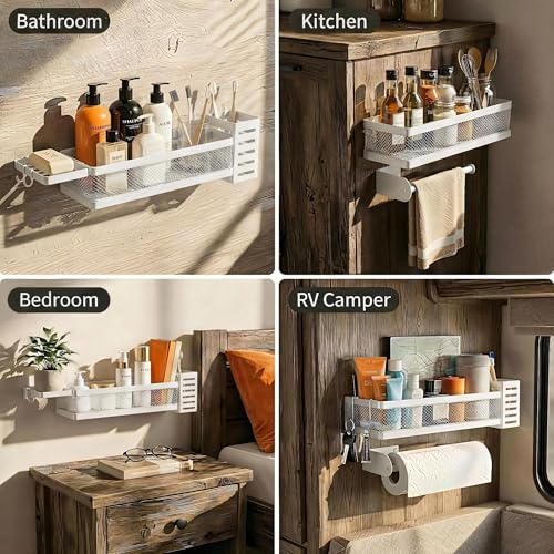 5-in-1 Wide Wall Mount Wrapped Mesh Kitchen Organizer & Shower Caddy Kit, with Paper Towel Holder, Utensil Holder, Soap Dish, Heavy Duty 50LBS - White, Netting
