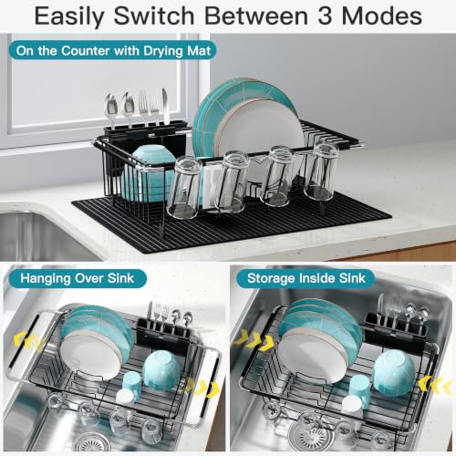 Black Dish Drying Rack in Sink with Mat