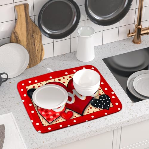 Love Heart Dish Drying Mat 16"x18" Red Dots Microfiber Dish Rack Mat Holiday Absorbent Fast Dry Draining Pad for Kitchen Counter Bar Sinks