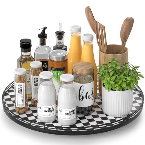16 Inch Black and White Checkerboard Lazy Susan Decorative Tray