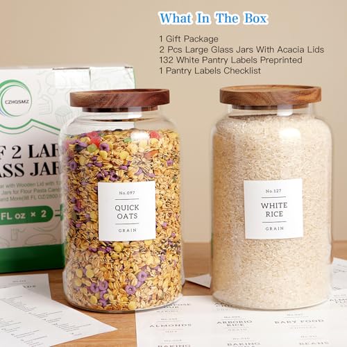 Set of 2 Large Glass Jar with Airtight Acacia Lid and 132 Kitchen Pantry Labels (2 Count)
