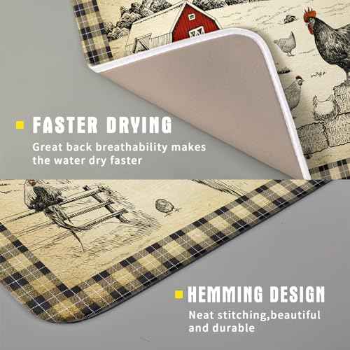 Farmhouse Rooster Dish Drying Mat 16x18 Inch Country Chicken Absorbent Dish Drainer Mat Reversible Countertops Protector Pad Kitchen Accessories