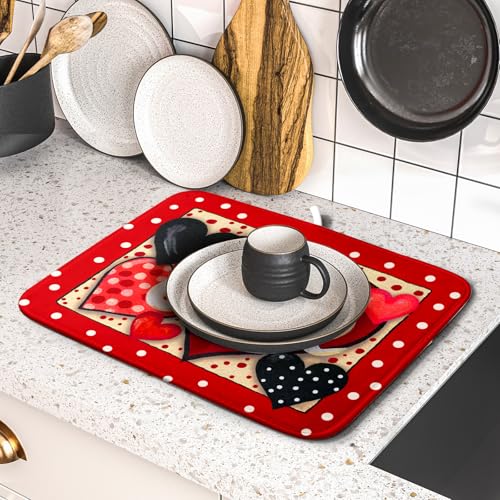 Love Heart Dish Drying Mat 16"x18" Red Dots Microfiber Dish Rack Mat Holiday Absorbent Fast Dry Draining Pad for Kitchen Counter Bar Sinks