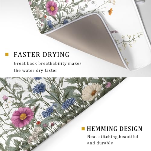 Flower Herbs Dish Drying Mat Botanical Plant Dishes Drainer Mat 18x24 inch Reversible Microfiber Drying Dish Pad for Kitchen Counter Decor