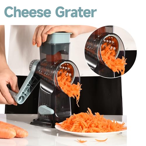 Rotary Cheese Grater with Handle Kitchen Shredder Slicer Grater Slicer Ice Shaver Cheese Vegetable Nuts Potato Zucchini Chocolate 3 Interchangeable Blades