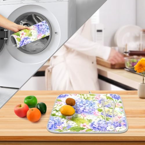 Floral Hydrangea Garden Dish Drying Mat for Kitchen Counter Absorbent Microfiber Small Drying Pad Dish mats for Kitchen Countertops 16 x 18 Inch