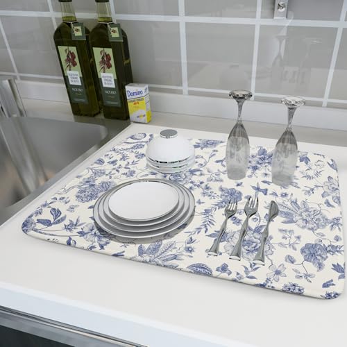 Chinoiserie Flower Dish Drying Mat Blue Leaves Dishes Drying Pad Reusable Washable Kitchen Countertop Protector Dish Drainer Mat 18x24 Inch