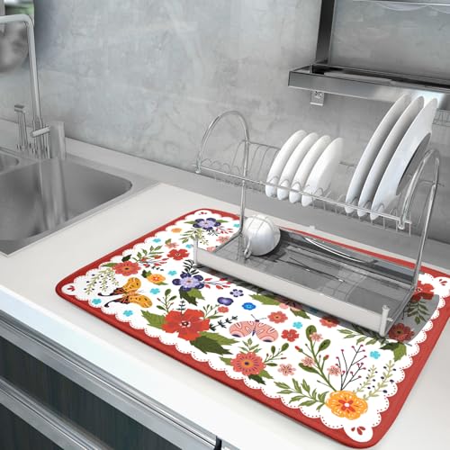 Large Microfiber Dish Drying Mat Red Floral Absorbent Drying Pad for Kitchen Counter