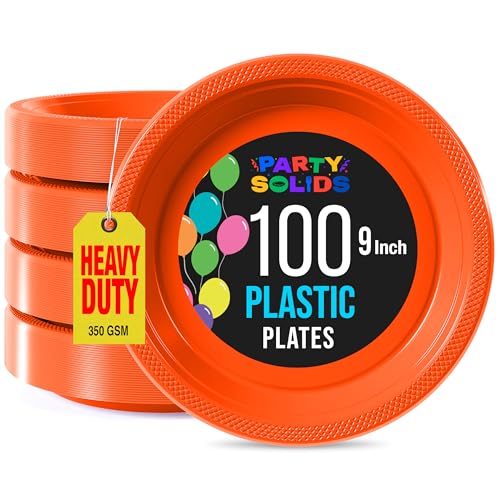 Sturdy Orange Plastic Plates 9" Party Plates 100 Pcs (100 Count)