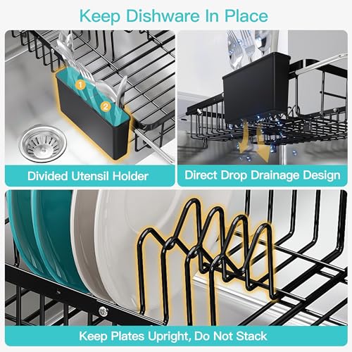 Black Dish Drying Rack Over the Sink with Utensil Holder