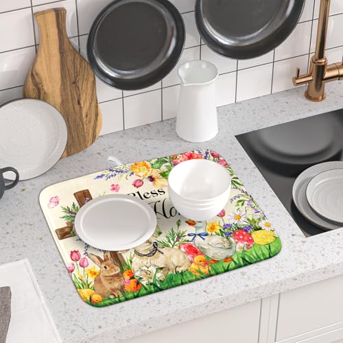 Easter Farmhouse Dish Drying Mat Funny Animal Dish Pad for Kitchen Counter Small 16 X 18