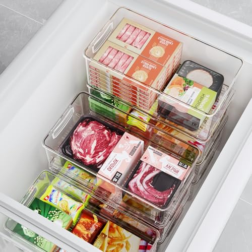 8 PACK Freezer Organizer Bins Fridge Organizers and Storage Stackable Refrigerator Organizers Bins with Side Handles Clear Storage Bins for Pantry (8 Count)