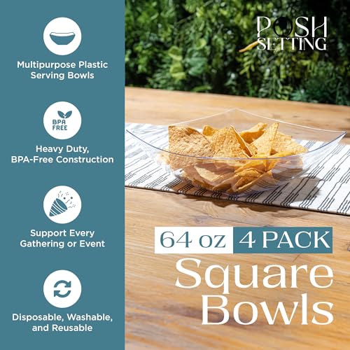 4 Pack Disposable Clear Plastic Serving Bowls Square Party Candy Use 64oz (4 Count)