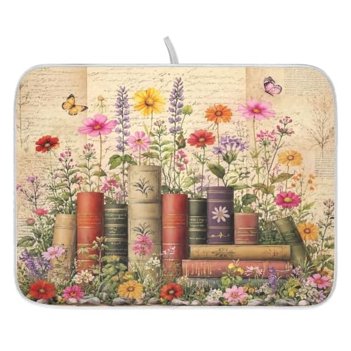Vintage Books Shelf Dish Drying Mat for Kitchen Counter Absorbent Microfiber Small Drying Pad Dish mats for Kitchen Countertops 16 x 18 Inch
