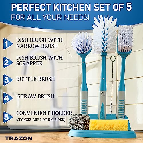 Dish Brush Set of 5 with Convenient Holder (3 Count)