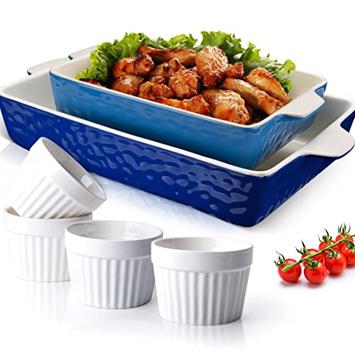 Ceramic Baking Dish and Ramekins Set Casserole Dish with Handles Packaging Upgrade Nonstick Ceramic Bakeware Ramekins Bowls for Baking Souffle (6 Count)