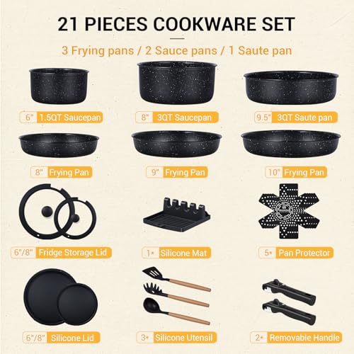 21Pcs Pots and Pans Set Non Stick with Detachable Handle Frying Pan