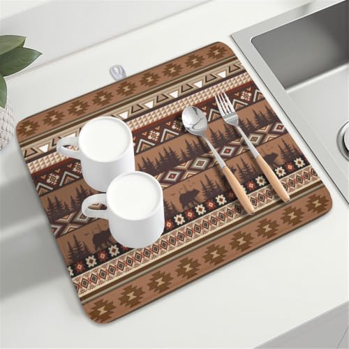 Rustic Bear Deer Dish Drying Mat Boho Ethnic Drainer Rack Pad 16x18 Inch Microfiber Absorbent Dish Sink Mat for Counter Kitchen Tableware