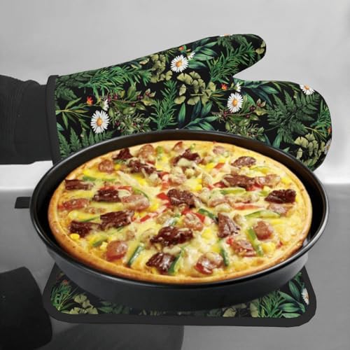 Green Botanical Oven Mitts and Pot Holder Kitchen Accessories Sets Fern Leaves Heat Resistant Baking Cooking Oven Gloves Washable Potholder