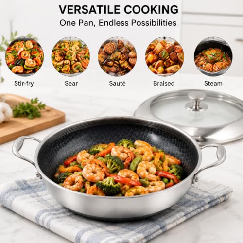 14 Inch Stainless Steel Nonstick Wok Pan with Lid 6Qt Pot