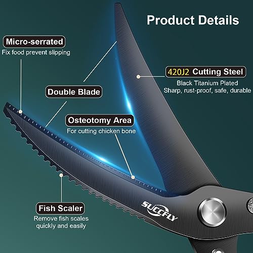 Heavy Duty Poultry Shears Spring Loaded Titanium Plated 10.3" Black