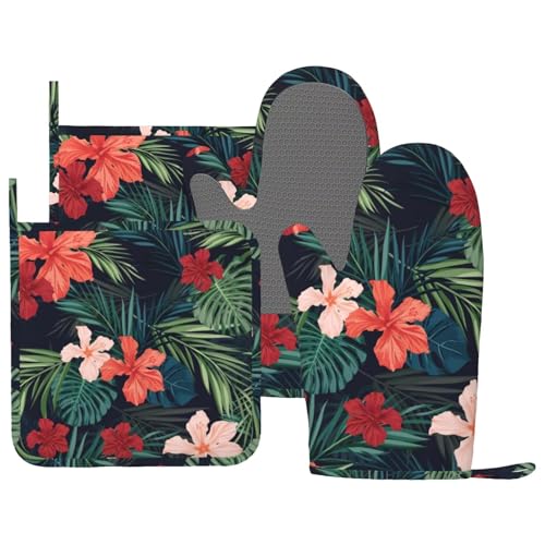 Tropic Hawaiian Hibiscus Flower Oven Mitts Pot Holders Set Silicone Heat Resistant Green Leaves Red Floral Oven Mitts and Hot Pads Potholders Non