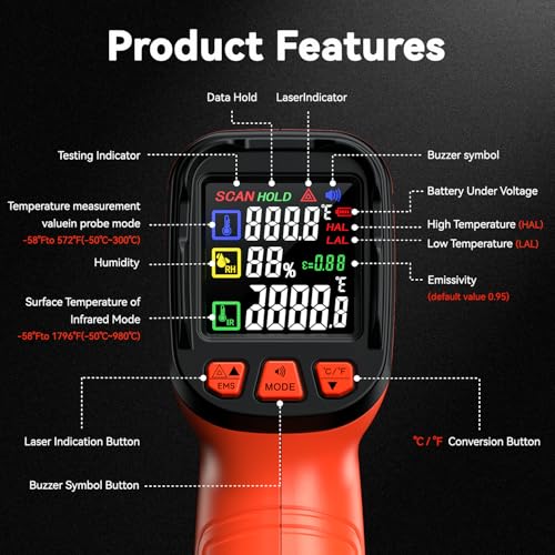 Infrared Thermometer Temperature Gun 1796°F 16