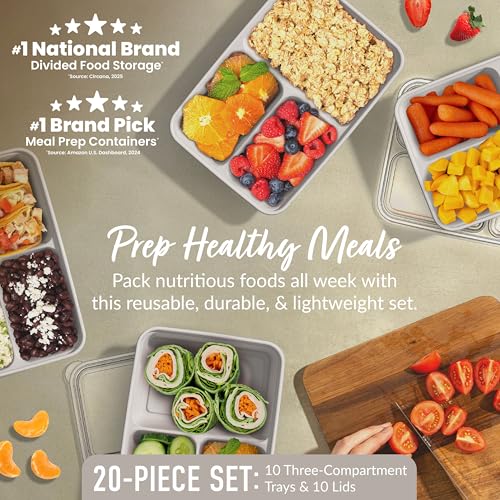 Prep 3 Compartment Meal Prep Containers with Lids (20 Count)