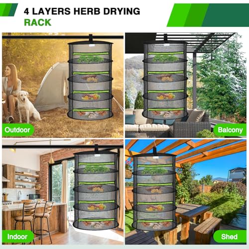 4 Layer Herb Drying Rack Hanging Mesh Net Foldable Plant Drying Racks 24" Diameter with Green Zipper & Hook Dryer Hanging Rack for Herbs Seed Bud Fruit Clothes Grow Tent Closets Garden Outdoor