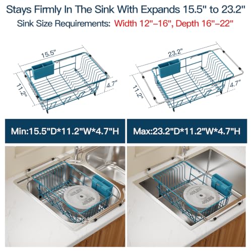 Blue Expandable Dish Drying Rack Over Sink with Extra Drying Mat