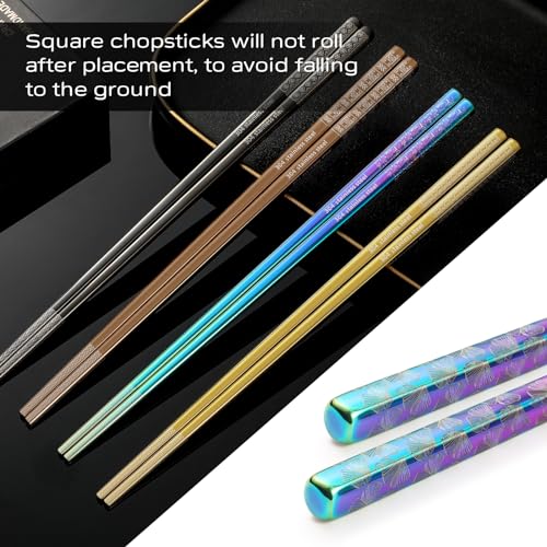 8 Pairs Metal Chopsticks Reusable Multicolor Stainless Steel Chopsticks Set Laser Engraved Non (8 Count)